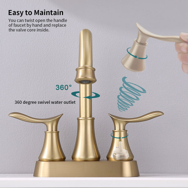 English Elm 2-Handle Brushed Gold Bathroom Faucet: Modern Vanity Sink Fixture With Pop-Up Drain & Hoses Included T3177P277468