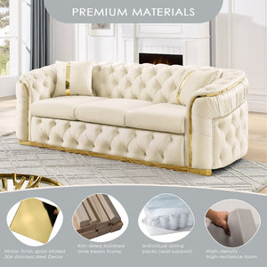 English Elm 2pcs Italian Velvet Chesterfield Sofa Set Tufted Three Seater with Gold Steel Legs Beige W1191S00068