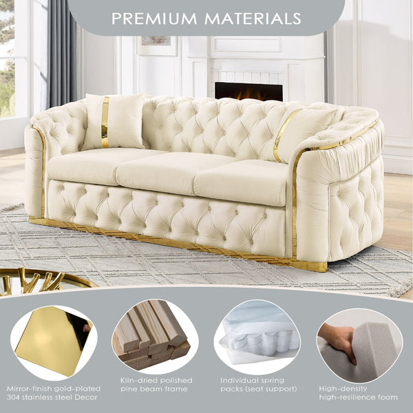 English Elm 2pcs Italian Velvet Chesterfield Sofa Set Tufted Three Seater with Gold Steel Legs Beige W1191S00068