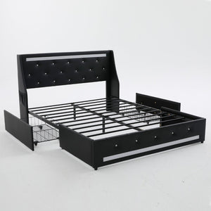 English Elm Queen Platform Bed Wingback Diamond Quilted Headboard Led Lighting Storage Drawers Black W5722P462684