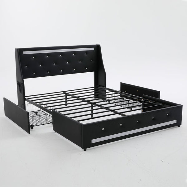 English Elm Queen Platform Bed Wingback Diamond Quilted Headboard Led Lighting Storage Drawers Black W5722P462684