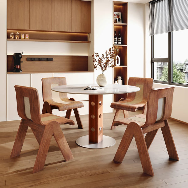English Elm 2-4 Person Round Solid Wood Dining Table, Walnut Base & White Stone Top For Cozy Spaces & Nooks T3833S00058
