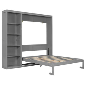 English Elm Queen Murphy Wall Bed with Side Shelving Folds Flush Into Mdf Cabinet for Studio Rooms Gray LP000697AAE-2