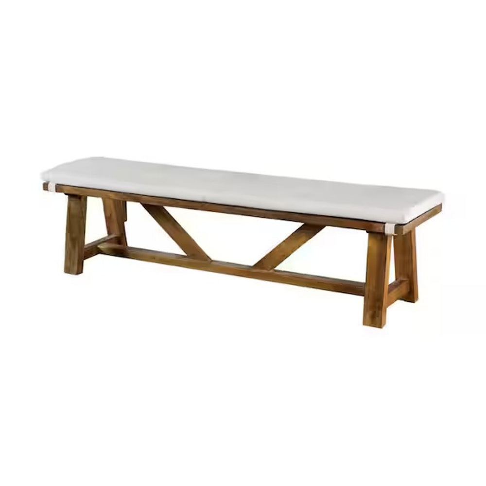 English Elm Modern Rustic Upholstered Bench 59.5" with Brown Cushion on White Trestle Base — Farmhouse Comfort B2741P366713