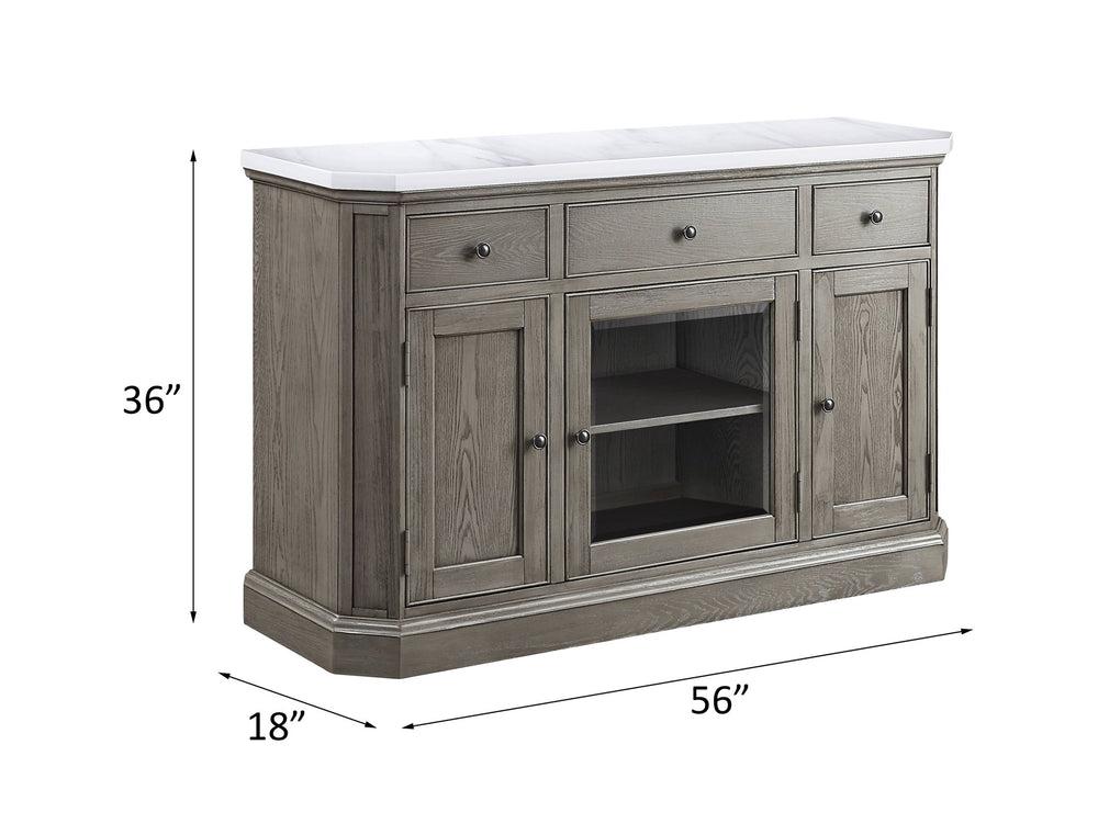 English Elm Zumala Marble Top Server with Weathered Oak Finish, Nailhead Trim, Felt-Lined Drawers, Trestle Base B2726P333614
