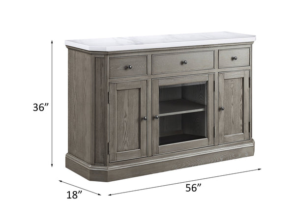 English Elm Zumala Marble Top Server with Weathered Oak Finish, Nailhead Trim, Felt-Lined Drawers, Trestle Base B2726P333614