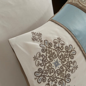 English Elm Jacquard Madison Park Caroline 7-Piece Comforter Set Cal King - Blue Paisley Jacquard, Embroidered Medallions, Brown Piping B03596990