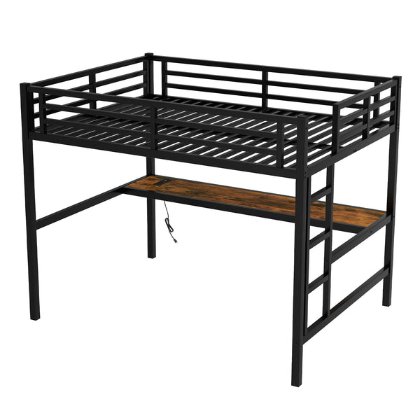 English Elm Metal Full Size Loft Bed with Desk, USB Power & RGB LED Lighting, Space-Saving Black Frame W1580P251091