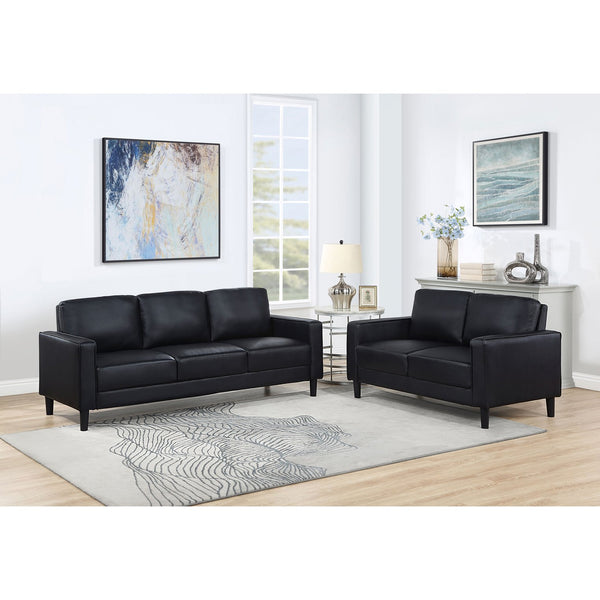 English Elm Ruth Modern 2-Piece Black Faux Leather Sofa & Loveseat Set with Plush Cushions, Track Arms, Tapered Legs B062S01270