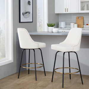 English Elm Fixed-height Swivel Counterstools White Faux Leather Gold Nailhead Black Frame Set 2 B202S01851