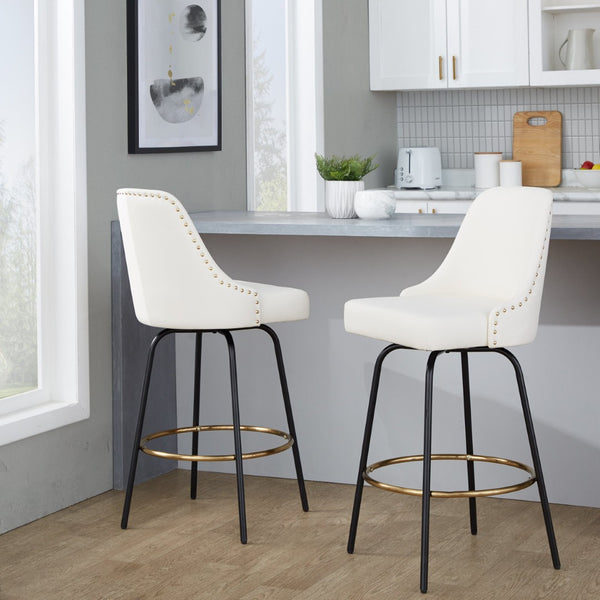 English Elm Fixed-height Swivel Counterstools White Faux Leather Gold Nailhead Black Frame Set 2 B202S01851