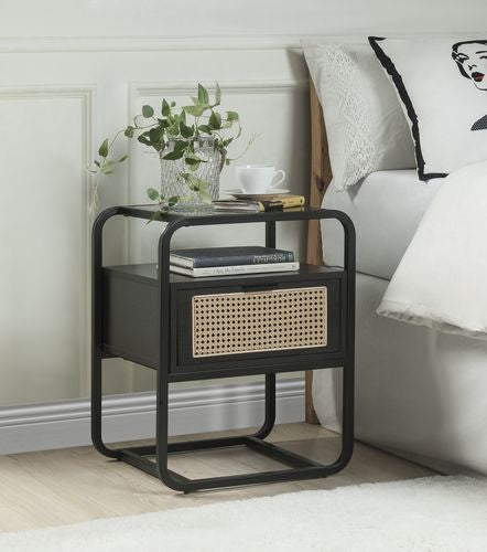 English Elm Colson Tempered Glass Accent Table with Rattan Insert and Metal Frame, Drawer Storage, Modern Design Black 28 L x 23 W x 13 H B2726P287579