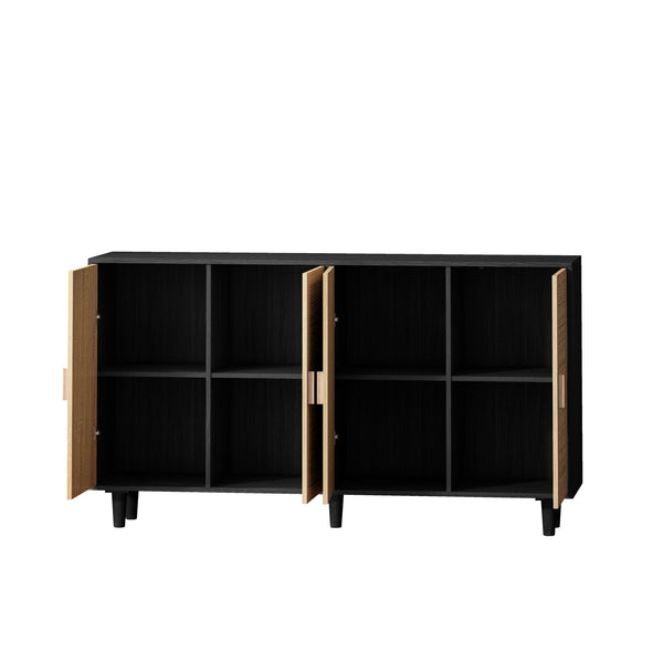 English Elm 62.20"Elegant 4-Door Rattan Storage Cabinet with Solid Wood Legs, Spacious Shelves & Easy Assembly Black W757P190068