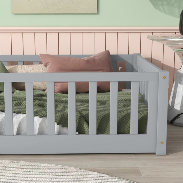 English Elm Twin Solid Rubberwood Floor Bed with Full Perimeter Safety Rails for Toddler Rooms Grey W504P296793