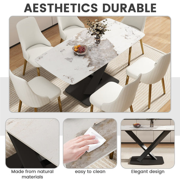 English Elm 63"Modern Elegant Artificial Stone Dining Table With Black Metal Legs - Seats 6, Easy Maintenance W1535S00536