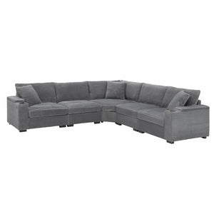 English Elm 104" Corduroy L-shaped Sectional with Usb Charging Armrest Storage and Cup Holders Gray N723S1187E