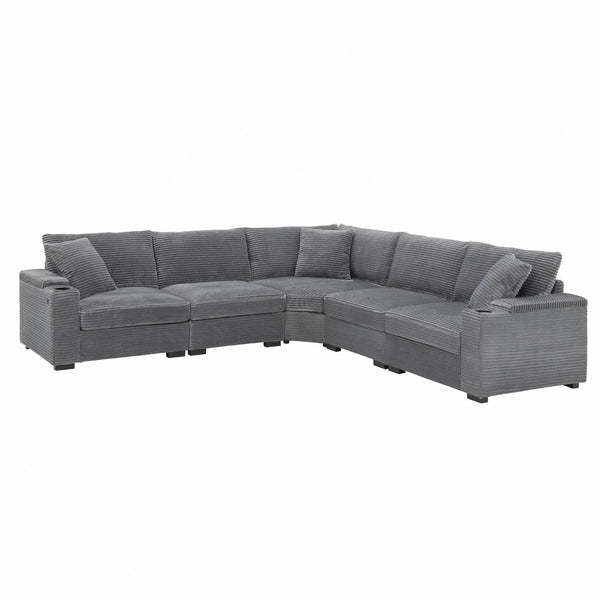 English Elm 104" Corduroy L-shaped Sectional with Usb Charging Armrest Storage and Cup Holders Gray N723S1187E