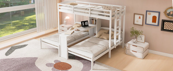 English Elm Twin Triple Bunk Bed with Built in Desk Open Shelving and Led Task Lighting White N7090002243K