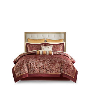 English Elm 12 Piece Comforter Set - Luxurious Burnt Red Jacquard With Cotton Sheets For California King Bed B035128828