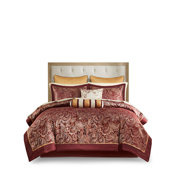 English Elm 12 Piece Comforter Set - Luxurious Burnt Red Jacquard With Cotton Sheets For California King Bed B035128828