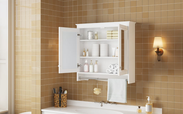 English Elm 3-in-1 Wall Mounted Medicine Cabinet with Soft Close Door Adjustable Shelves and Towel Bar White N710P405415K