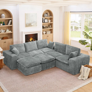 English Elm 107'' Boucle Modular Sectional with Reversible Chaise and Two Ottomans for Living Room Grey W1413S00163