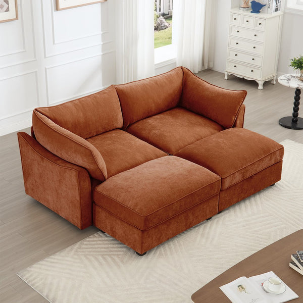 English Elm 2 Seater Sofa With Footrest, Movable Ottomans & Hidden Storage - Stylish Chenille For Small Spaces W3041S00204