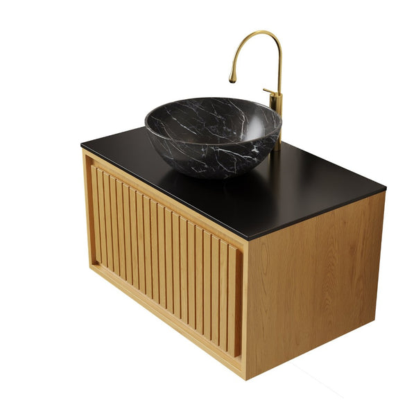 English Elm Kolas Floating Bathroom Vanity Oak Woodgrain Plywood Cabinet Black Sintered Stone Top W2615P279360
