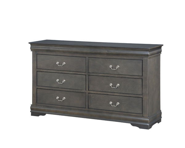 English Elm Louis Philippe Six Drawer Dresser with Brushed Nickel Hardware and Classic Curved Molding Dark Gray B2726P252748