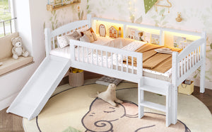 English Elm Twin Xl Solid Pine Loft Bed with Built-in Led Lighting and Storage Shelves Light White W1580S00364