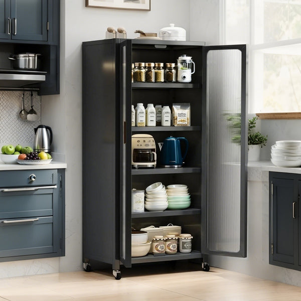 English Elm 65" Metal Pantry Cabinet with Transparent Doors, 6-Tier Adjustable Shelves, Locking Wheels, Gray W3204P300623