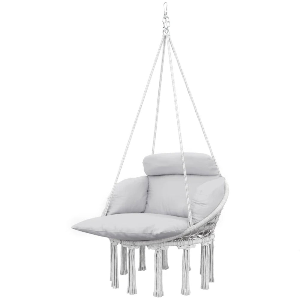 English Elm Hanging Hammock Swing Chair Boho Fringe Cushioned Seat for Patio or Indoor Use T3971P445652