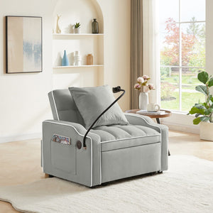 English Elm Sleeper Sofa Chair Velvet Convertible Armchair with Usb Charging for Small Spaces Gray W1359P458676