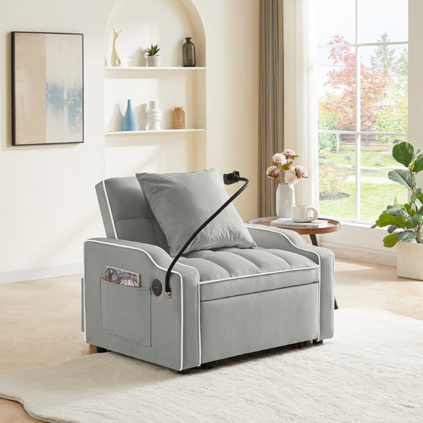 English Elm Sleeper Sofa Chair Velvet Convertible Armchair with Usb Charging for Small Spaces Gray W1359P458676