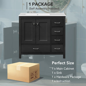 English Elm 36" Black Bathroom Vanity with Ceramic Sink, 2 Soft-Close Doors & 5 Drawers, Modern Storage Elegance N729P183735B