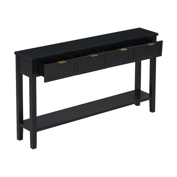 English Elm U_style Contemporary Console Table with 4 Drawers Pine Legs Open Shelf Foyer N711P218638B