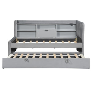 English Elm Twin Upholstered Daybed with Pull-Up Trundle, Velvet High Back with Shelves, Flip Storage & USB Gray SF000194AAE