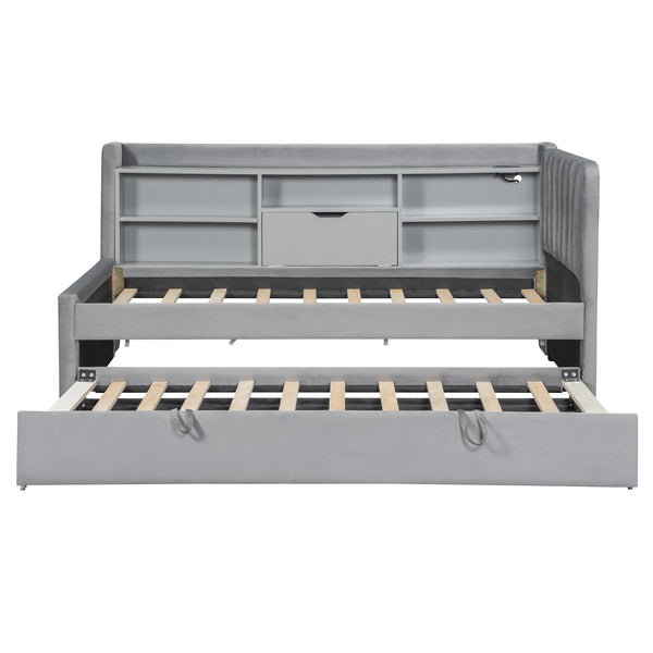 English Elm Twin Upholstered Daybed with Pull-Up Trundle, Velvet High Back with Shelves, Flip Storage & USB Gray SF000194AAE