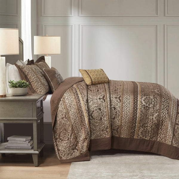 JLA Home Madison Park - 5 Reversible Jacquard Bedspread Set with Quilted Polyester, Brown Gold Elegance and Decorative Pillows 118 L x 120 W x 0.25H MP13-5319