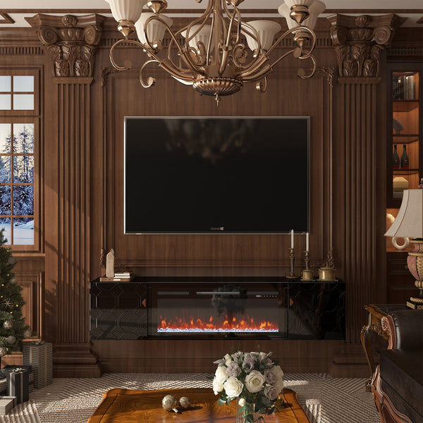 English Elm 67 in. Black Media TV Stand with High Gloss Honeycomb Doors, Gold Handles, Modern Storage Elegance T3609P347458