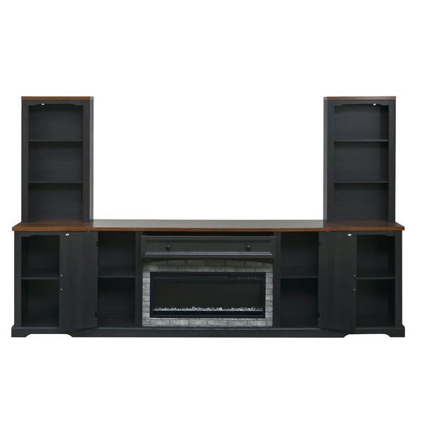 English Elm 3-piece Farmhouse Entertainment Center with Curved Cabinets Walnut Mdf Modular Living Room Black N721S000072B