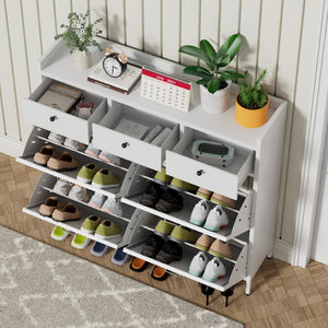 English Elm Metal Powder Coated Steel Shoe Cabinet Slim Entryway Organizer with Seven Drawers White T2398P413026
