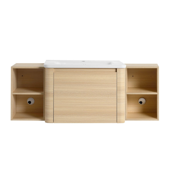 English Elm 52'' Wall-Mounted Vanity with White Ceramic Sink, Soft-Close Door, Plywood Shelves & Rounded Edges Ameican White Oak W999S00486