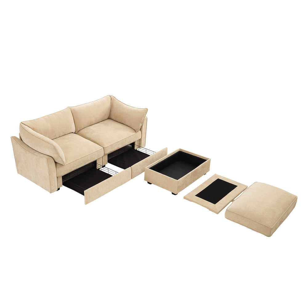English Elm 2-Seater Chenille Sofa With Movable Storage Footstool - Cozy Wheat Upholstery & Elegant Design W3041S00173