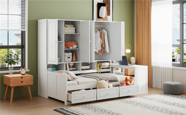 English Elm Twin Size Daybed With Storage Drawers, Desk & Shelves - Stylish Space-Saving Furniture In White N820S00054K-GIGA