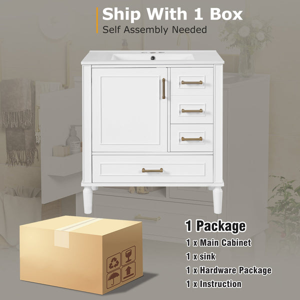 English Elm 30" Elegant Bathroom Vanity with Ceramic Sink, Soft-Close Door & 3 Drawers, Gold Handles, Durable Finish White N729P184479K
