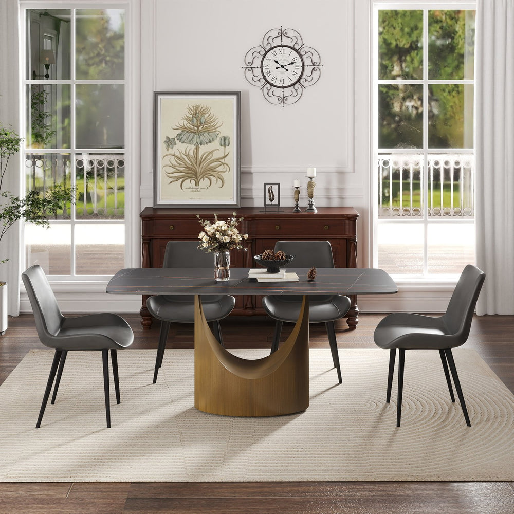 English Elm 63" Modern Artificial Stone Dining Table With Curved Black Panel And Bronze Iron Legs For 6-8 People W1535S00550