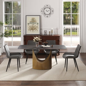 English Elm 63" Modern Artificial Stone Dining Table With Curved Black Panel And Bronze Iron Legs For 6-8 People W1535S00550