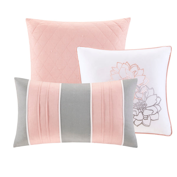 English Elm 6 Piece Madison Park Lola Reversible Cotton Quilt Set Full/Queen Grey Peach Floral OEKO-TEX Certified Elegance B03597570