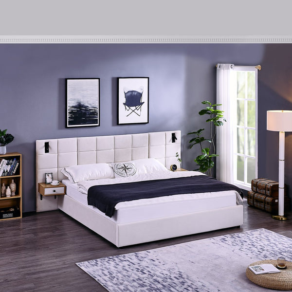 English Elm King Size Velvet Upholstered Hydraulic Platform Bed With Storage, Usb Port, Lamps & Shelves - Beige W1413S00107